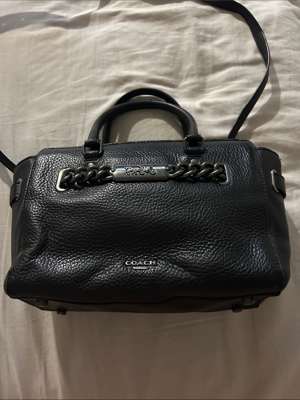 Coach Black Pebbled Leather Messenger Bag with Silver Chain Accent